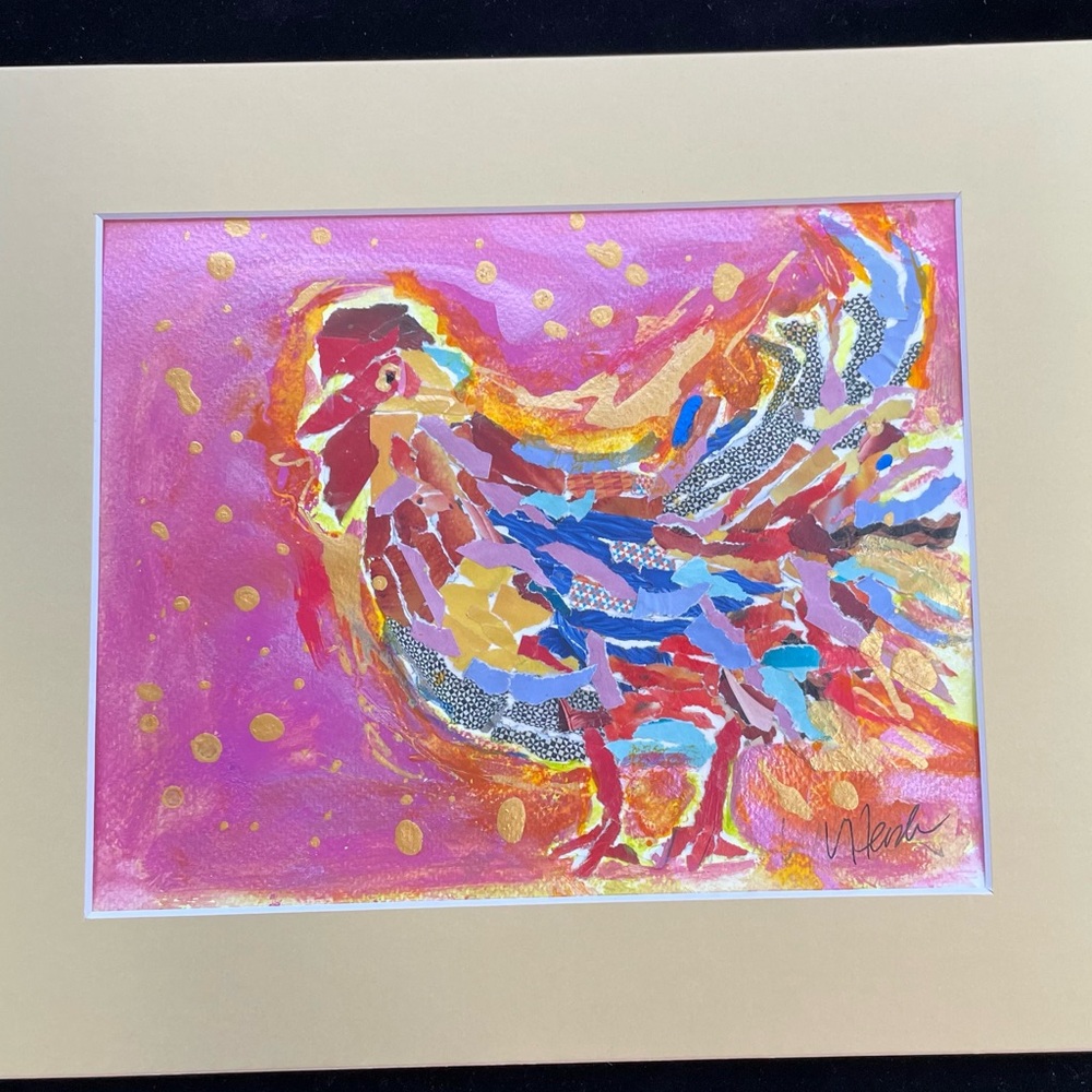Handmade Mixed Media Paper&Acrylic Art Chicken Matted 14”x11” Original
